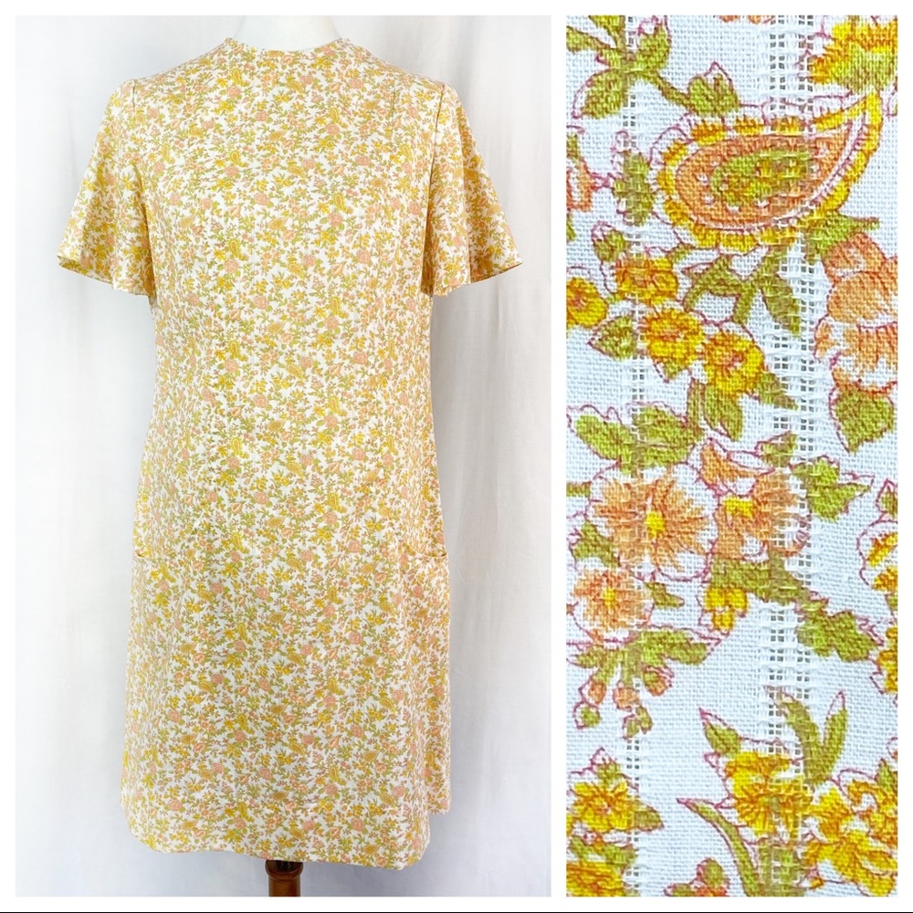 Vintage 60’s Sweet Yellow Orange Floral Shift Dress Small